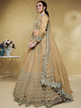 Wonderful Beige Foil Work Net Party Wear Lehenga Choli With Dupatta