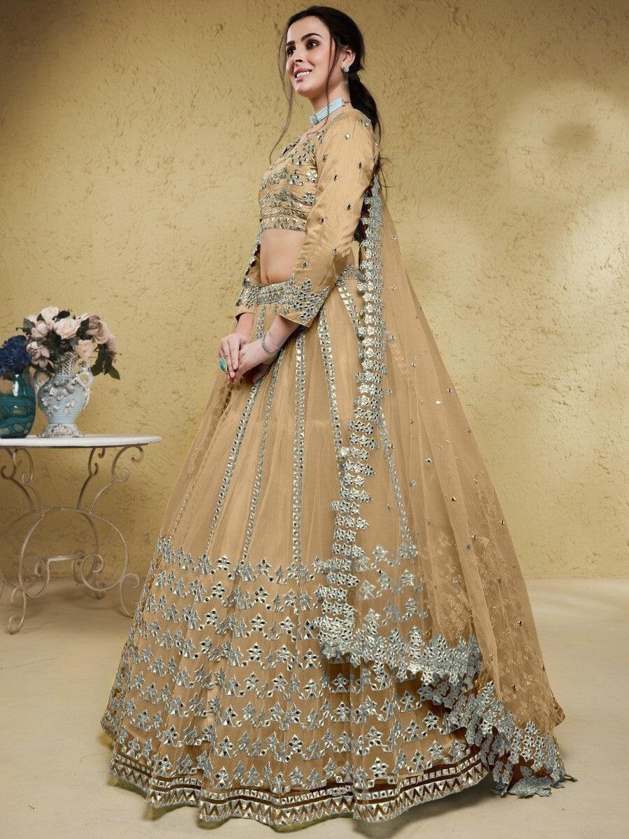 Wonderful Beige Foil Work Net Party Wear Lehenga Choli With Dupatta