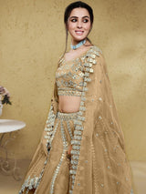 Wonderful Beige Foil Work Net Party Wear Lehenga Choli With Dupatta