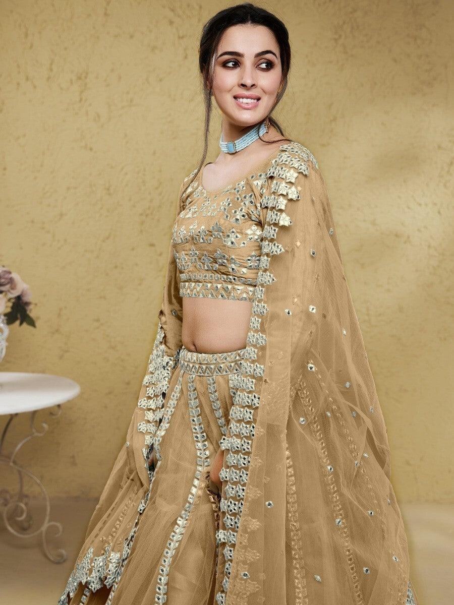 Wonderful Beige Foil Work Net Party Wear Lehenga Choli With Dupatta