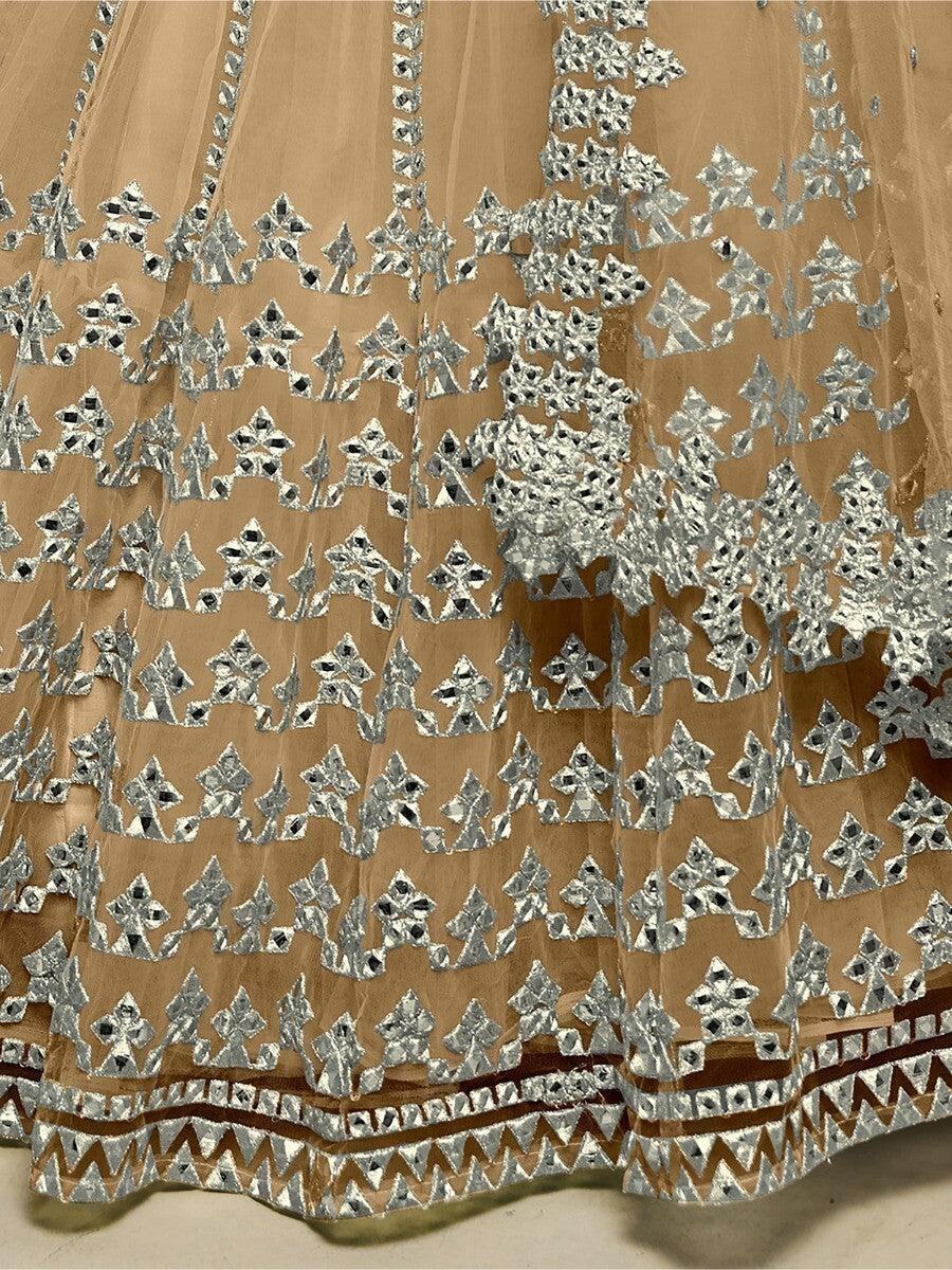 Wonderful Beige Foil Work Net Party Wear Lehenga Choli With Dupatta