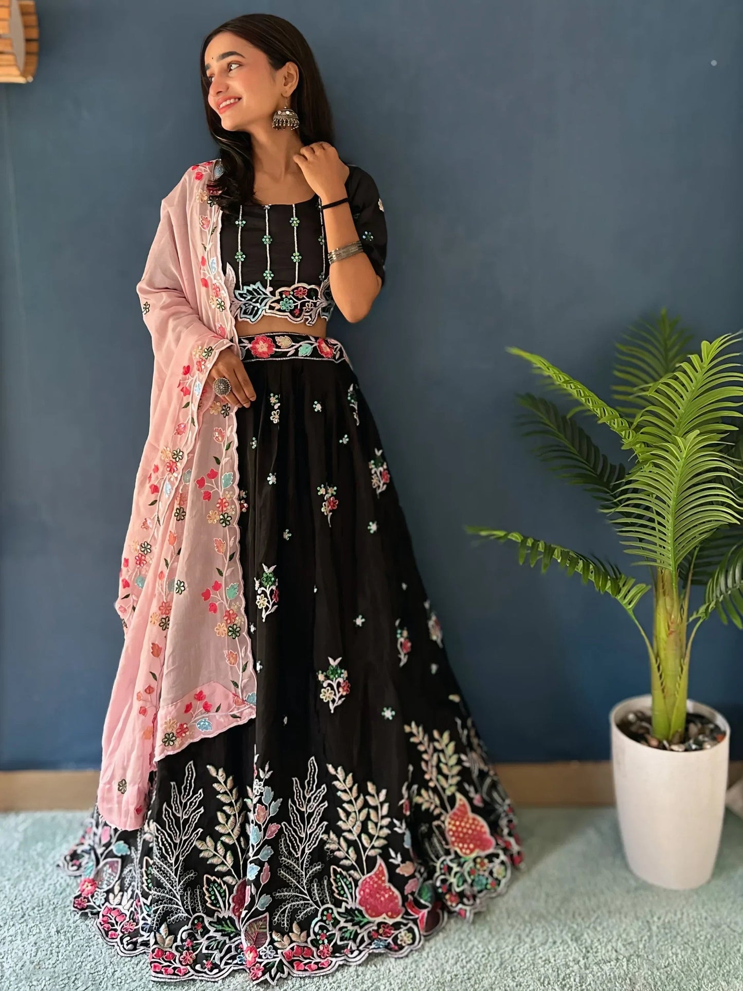 Wonderful Black Thread Embroidered Chinon Wedding Lehenga Choli