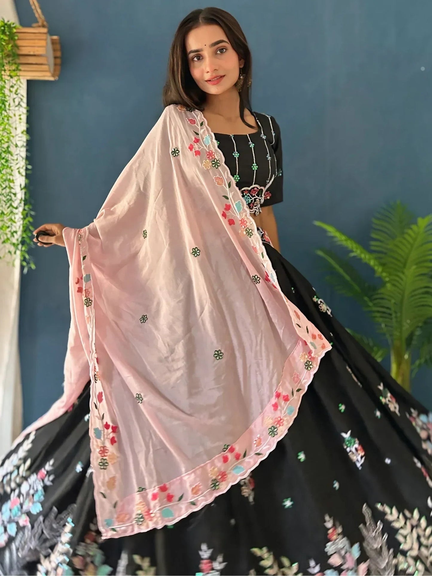 Wonderful Black Thread Embroidered Chinon Wedding Lehenga Choli
