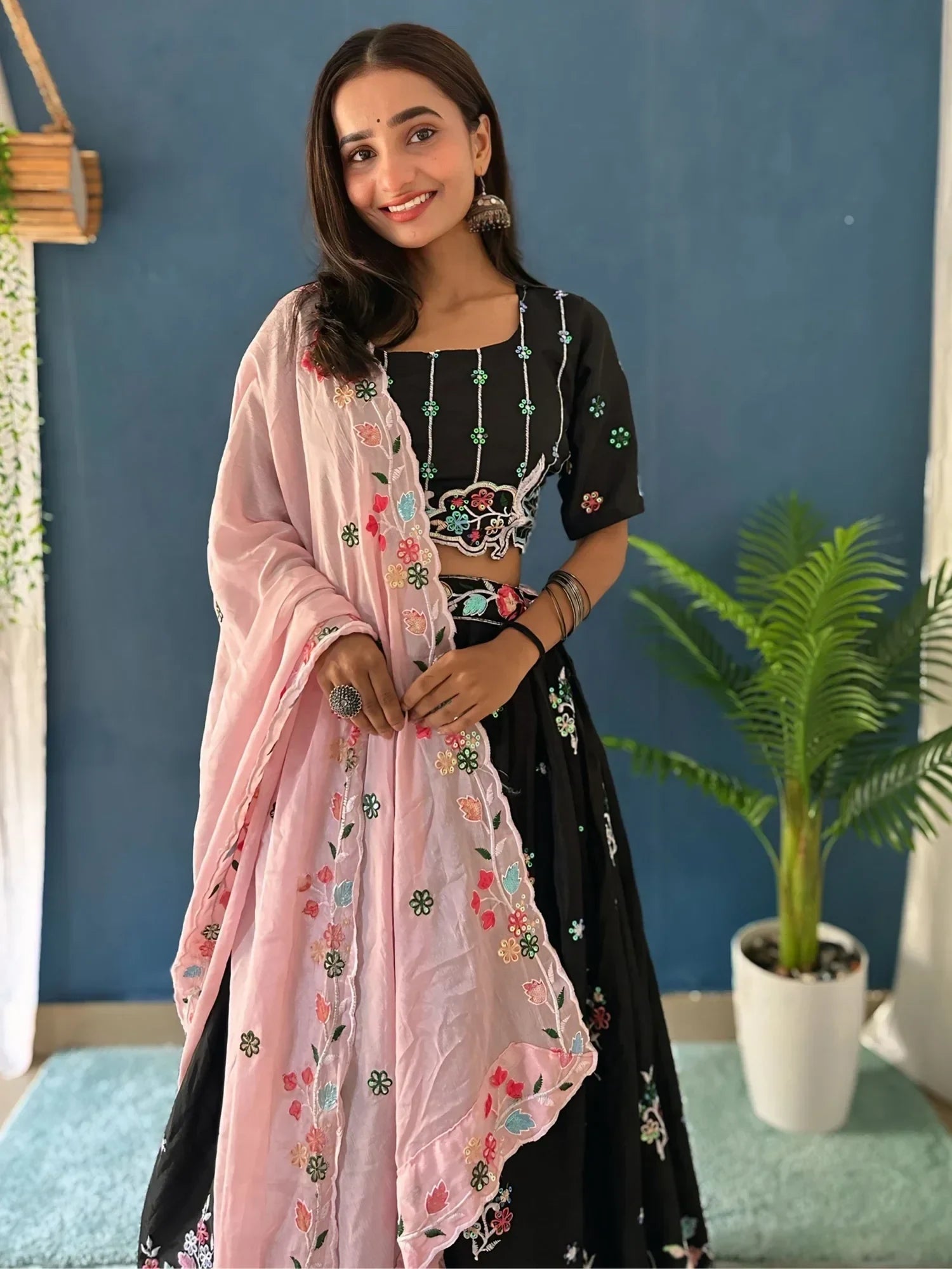 Wonderful Black Thread Embroidered Chinon Wedding Lehenga Choli