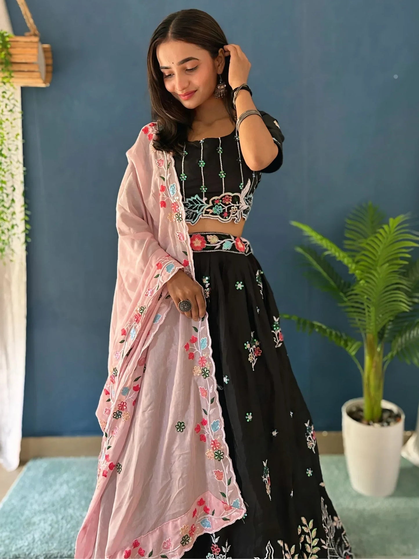 Wonderful Black Thread Embroidered Chinon Wedding Lehenga Choli