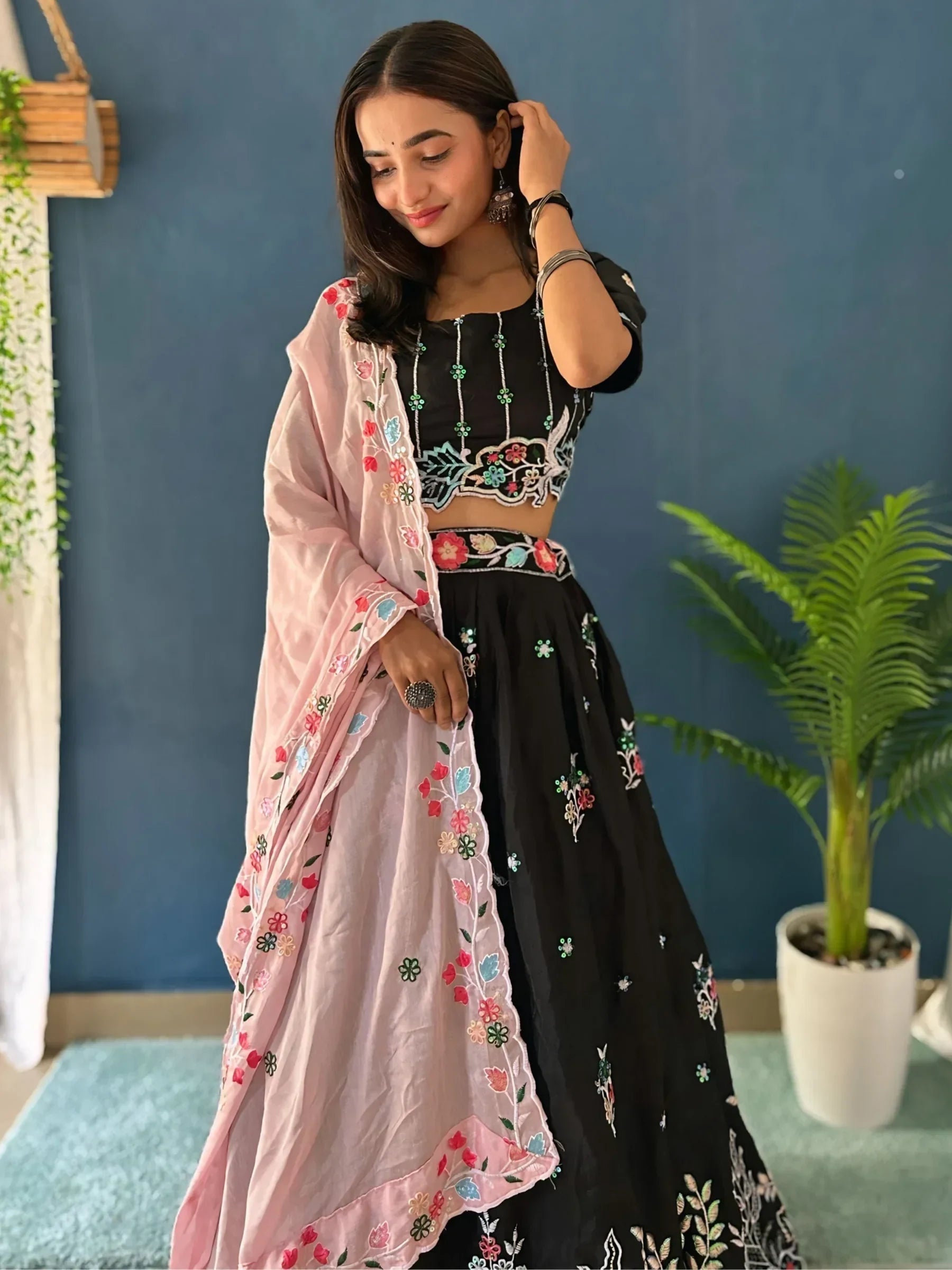 Wonderful Black Thread Embroidered Chinon Wedding Lehenga Choli