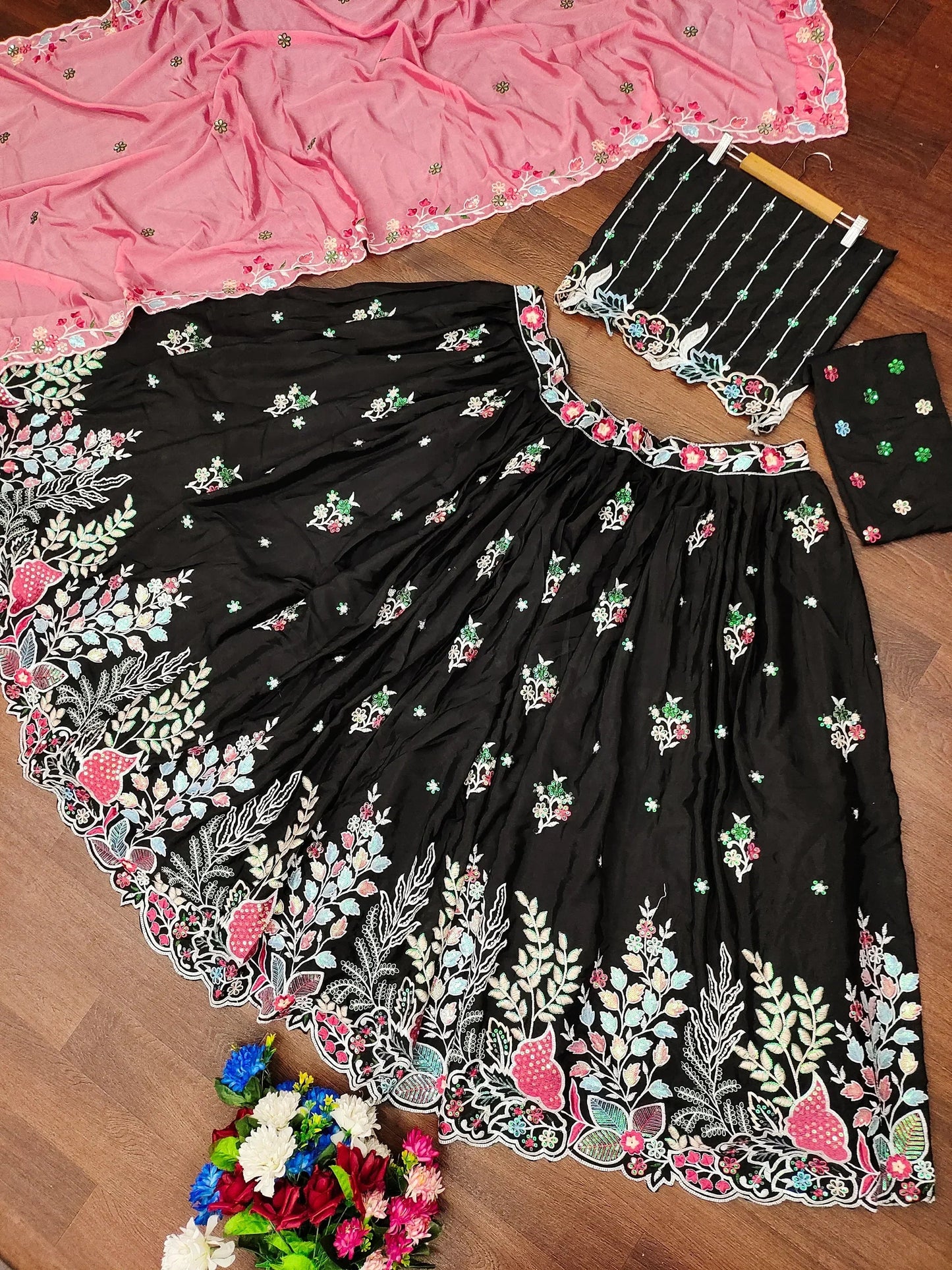 Wonderful Black Thread Embroidered Chinon Wedding Lehenga Choli