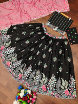 Wonderful Black Thread Embroidered Chinon Wedding Lehenga Choli