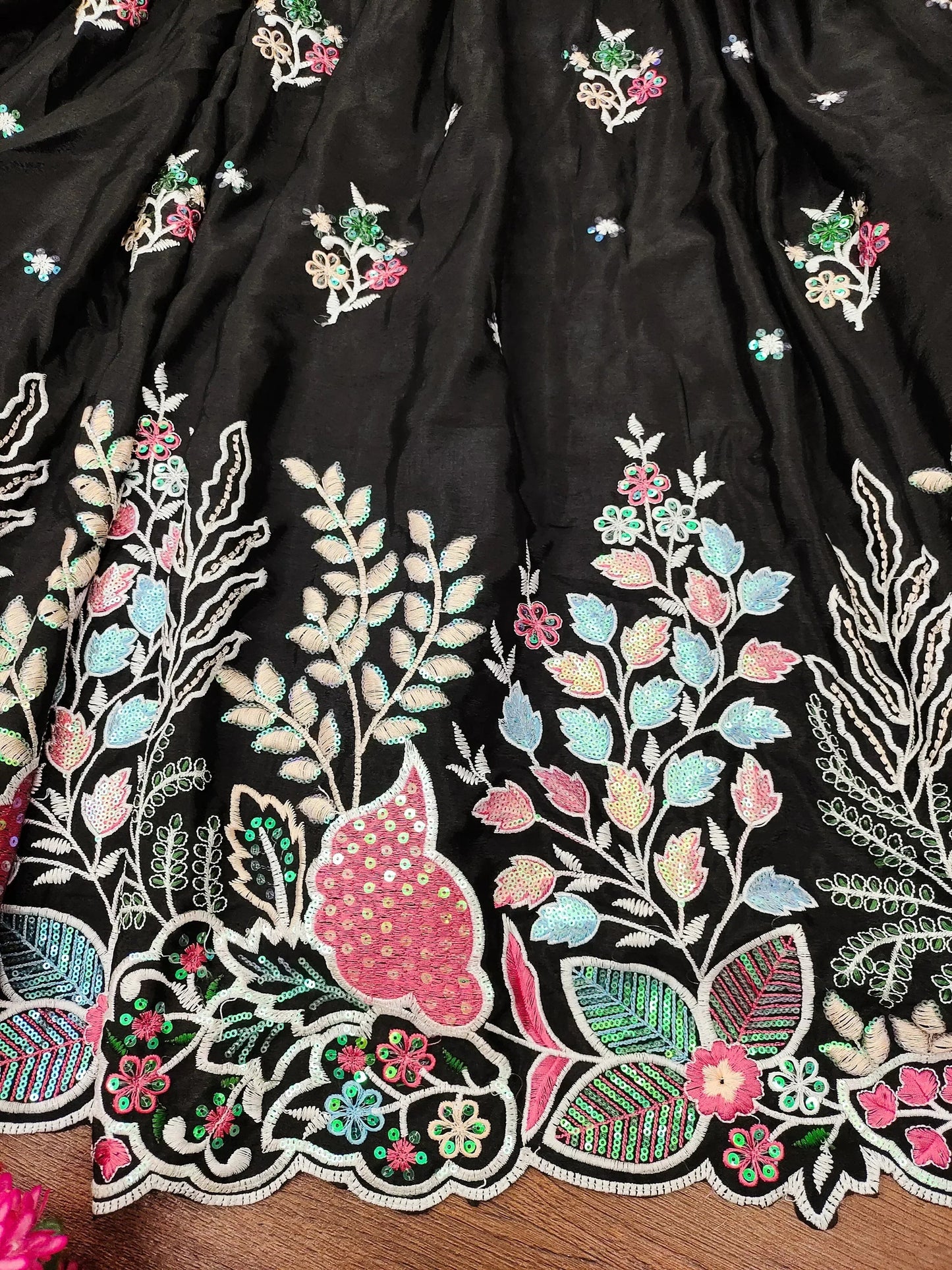 Wonderful Black Thread Embroidered Chinon Wedding Lehenga Choli