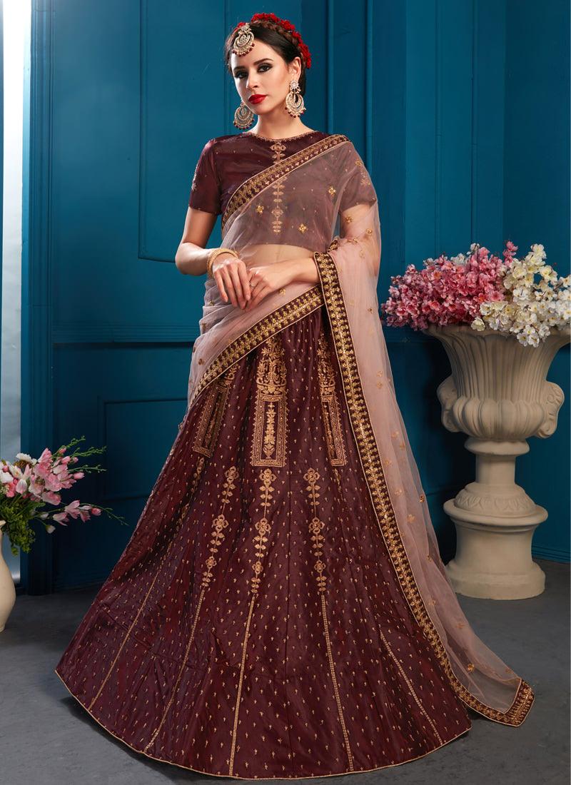 Wonderful Brown Color Satin Base Embroidered Lehenga Choli