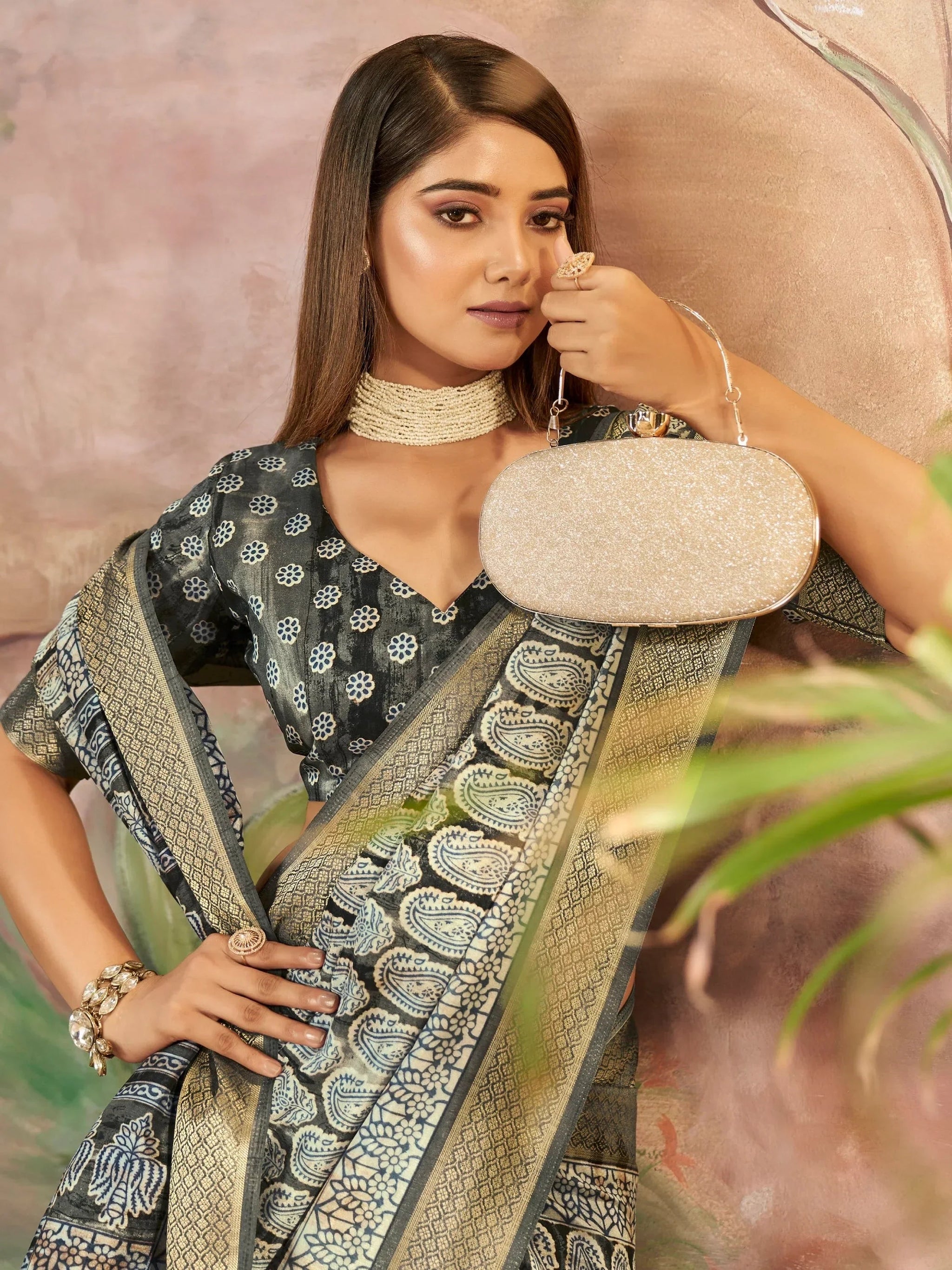 Wonderful Carbon Grey Digital Printed Dola Silk Daily Wear Saree With Blouse