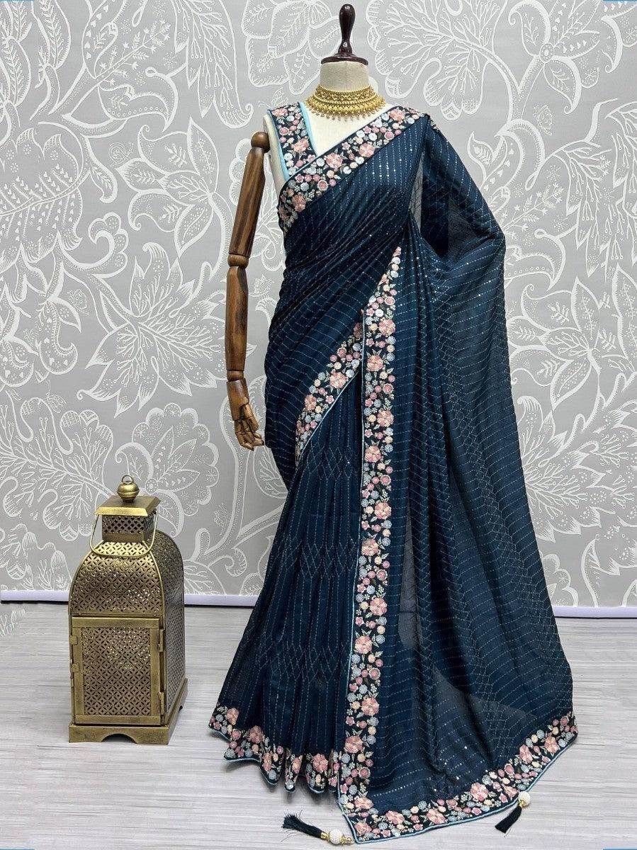 Wonderful Dark Teal Blue Sequins Silk Events Wear Saree & Blouse