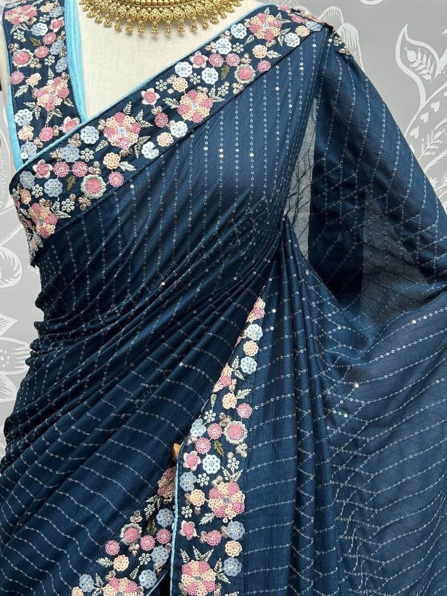 Wonderful Dark Teal Blue Sequins Silk Events Wear Saree & Blouse