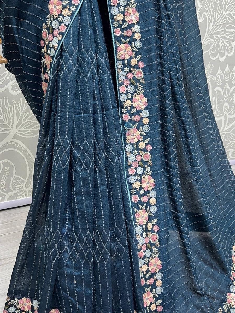 Wonderful Dark Teal Blue Sequins Silk Events Wear Saree & Blouse