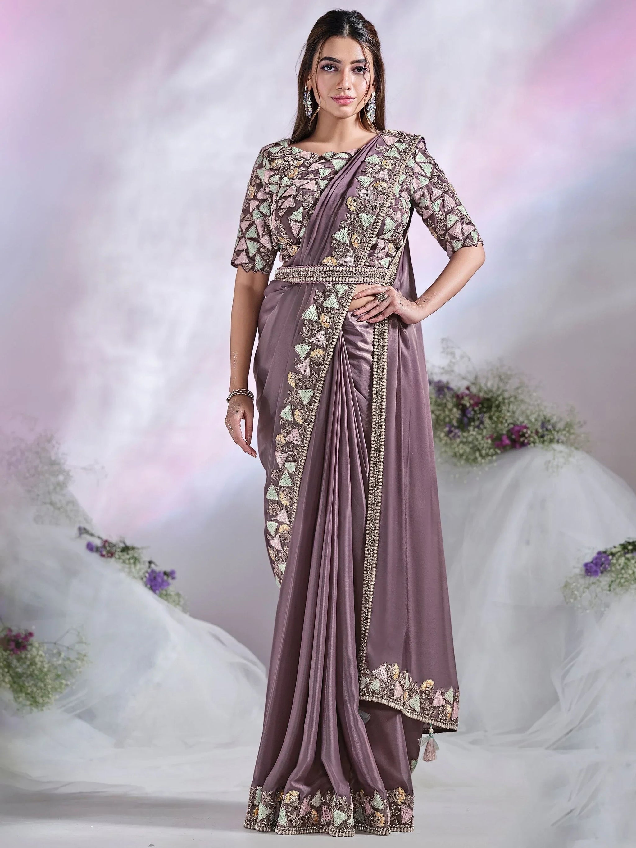Wonderful Dusty Purple Lace Work Satin Ready To Wear Saree