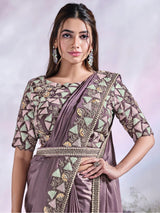 Wonderful Dusty Purple Lace Work Satin Ready To Wear Saree
