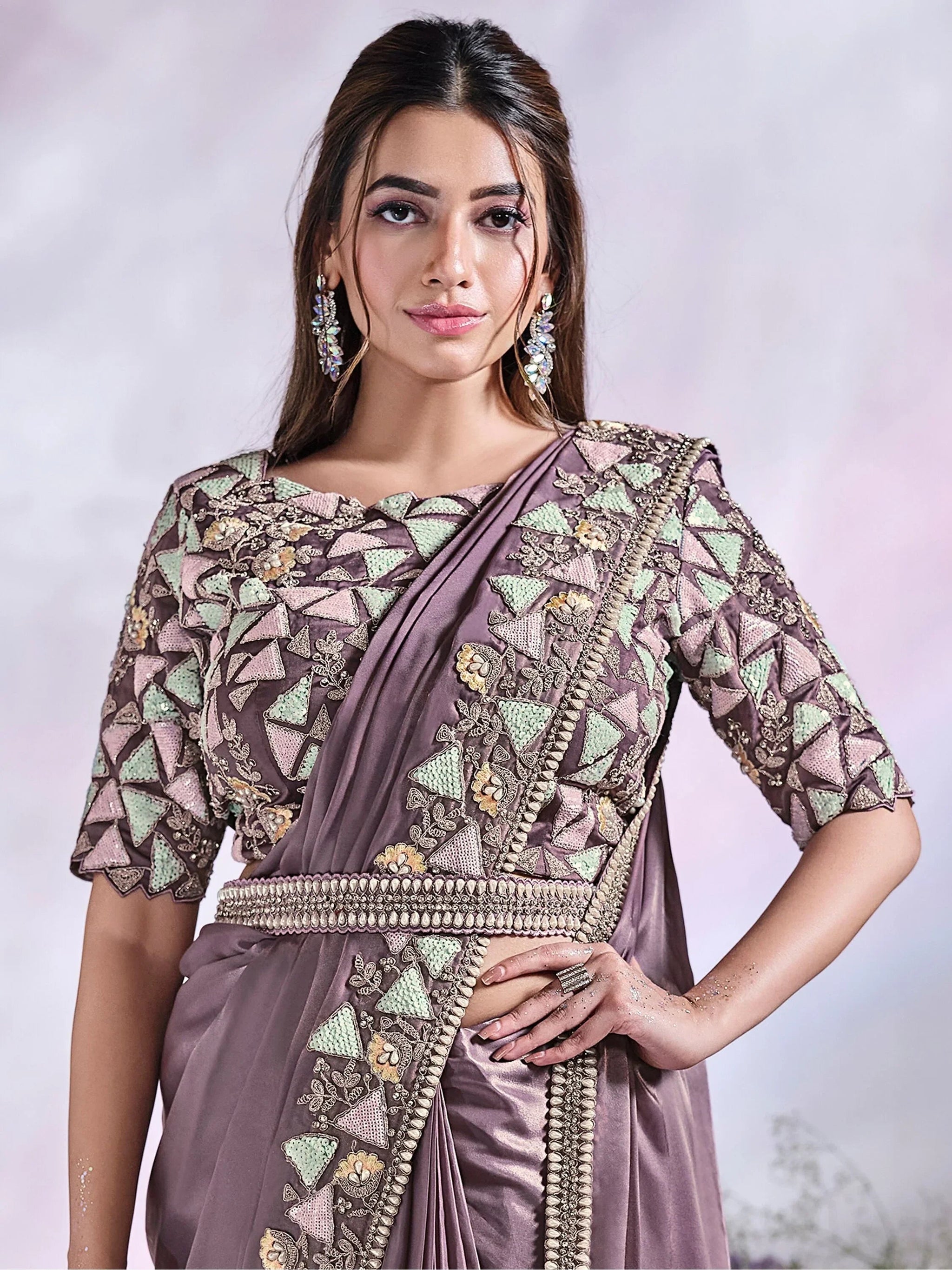 Wonderful Dusty Purple Lace Work Satin Ready To Wear Saree