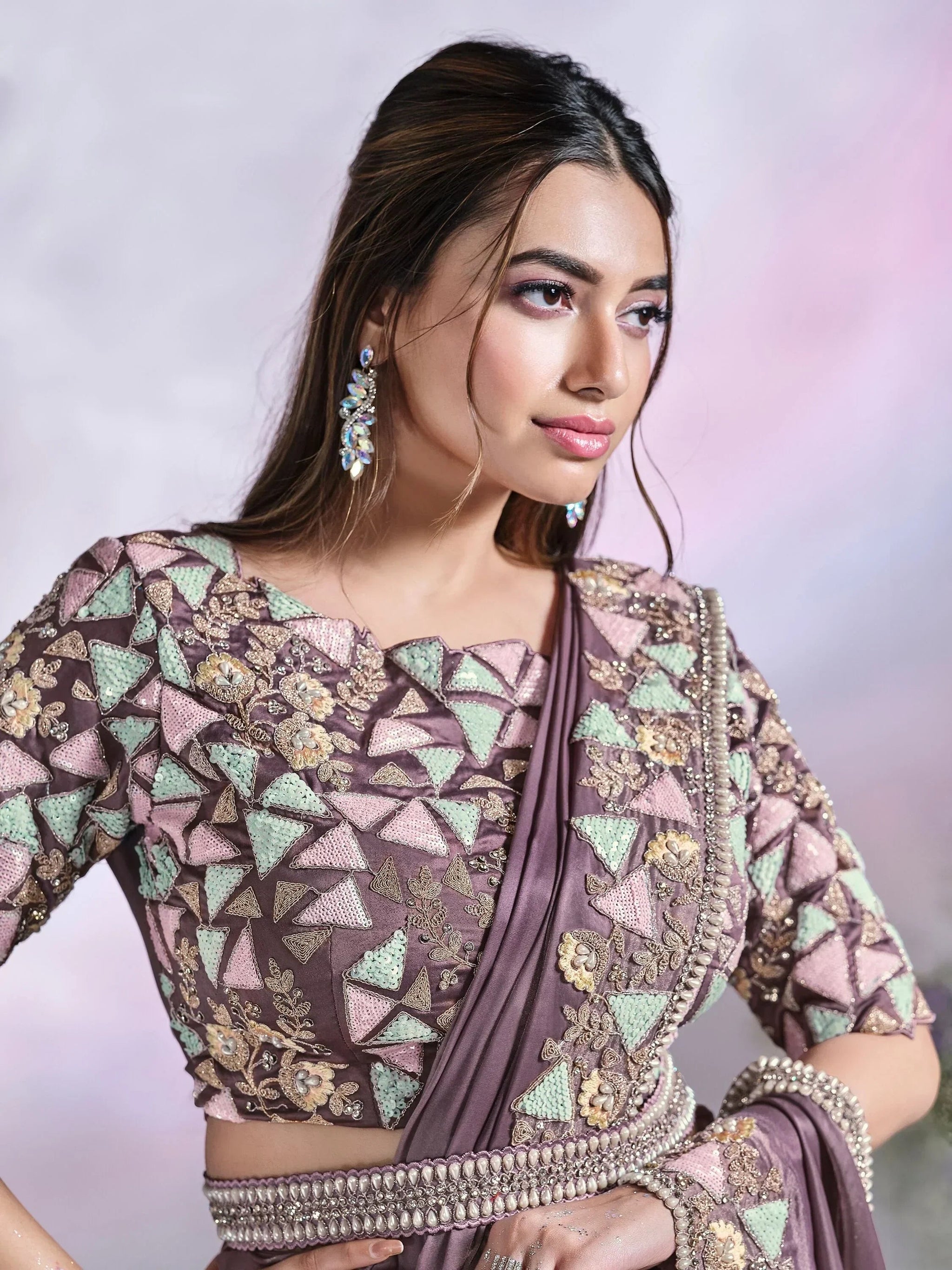 Wonderful Dusty Purple Lace Work Satin Ready To Wear Saree