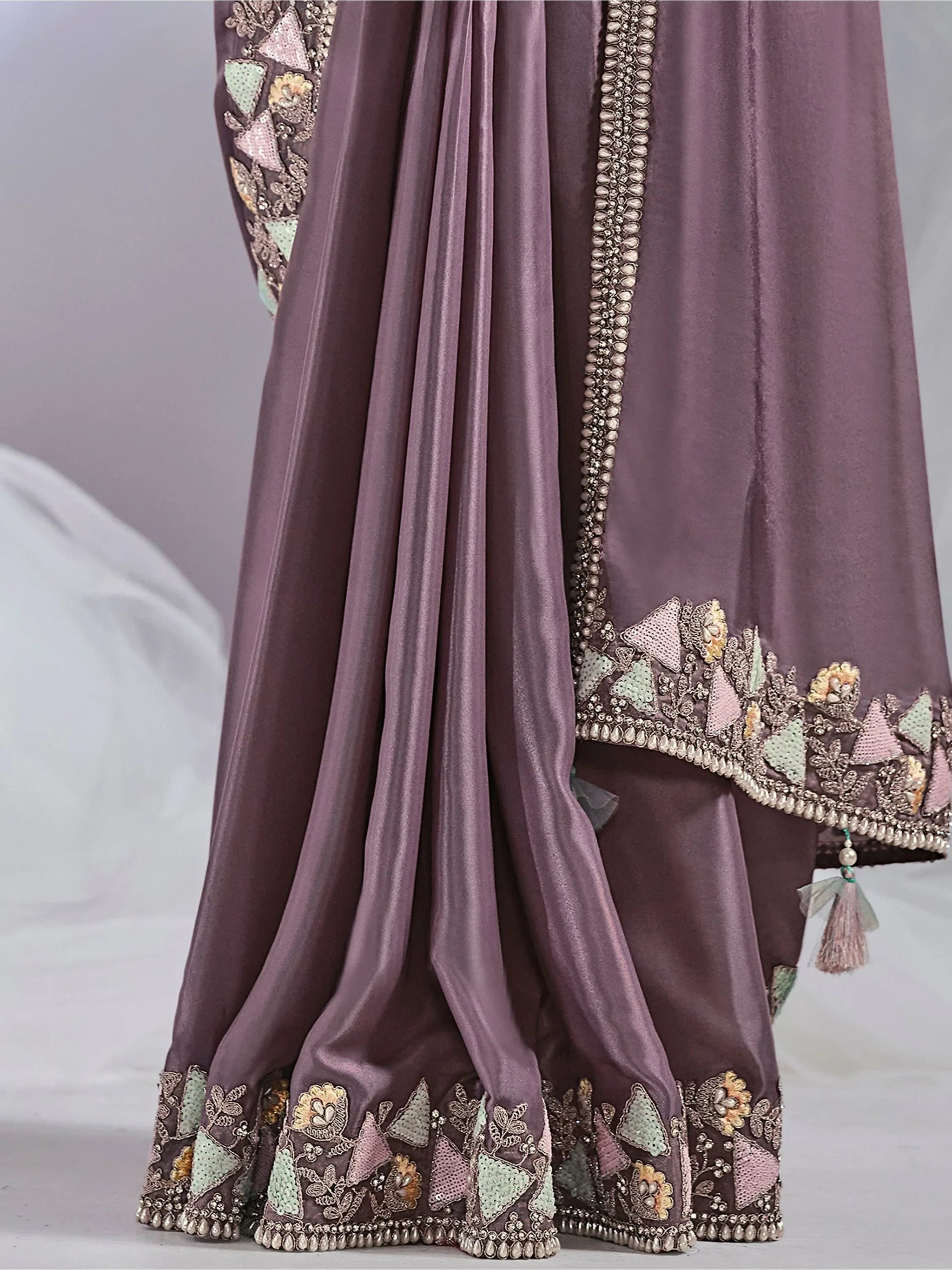 Wonderful Dusty Purple Lace Work Satin Ready To Wear Saree