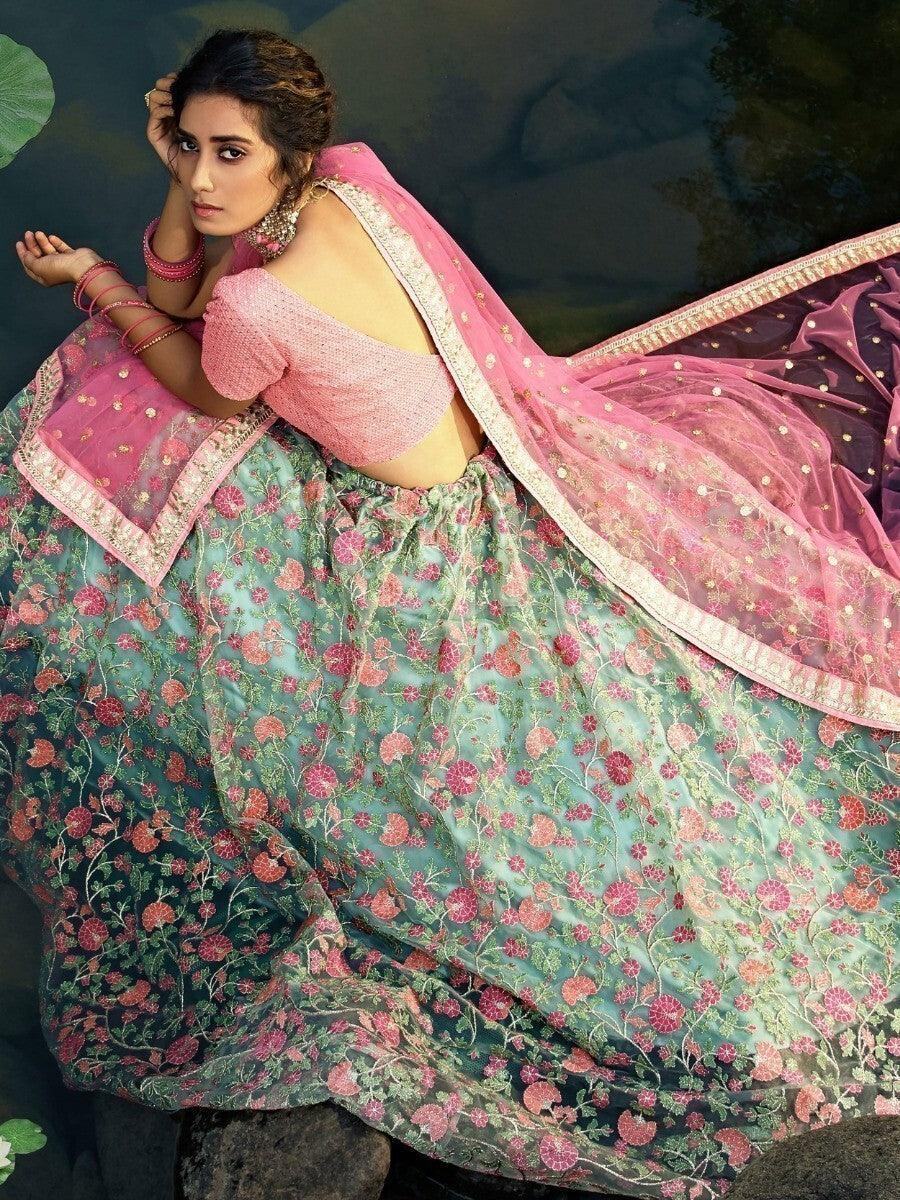 Wonderful Green Floral Thread Embroidered Net Wedding Wear Lehenga Choli