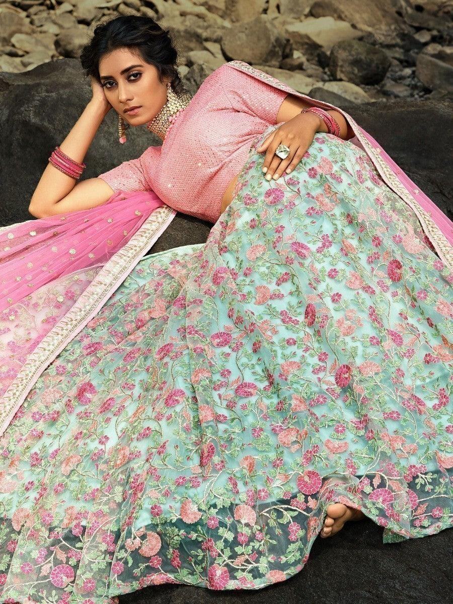 Wonderful Green Floral Thread Embroidered Net Wedding Wear Lehenga Choli