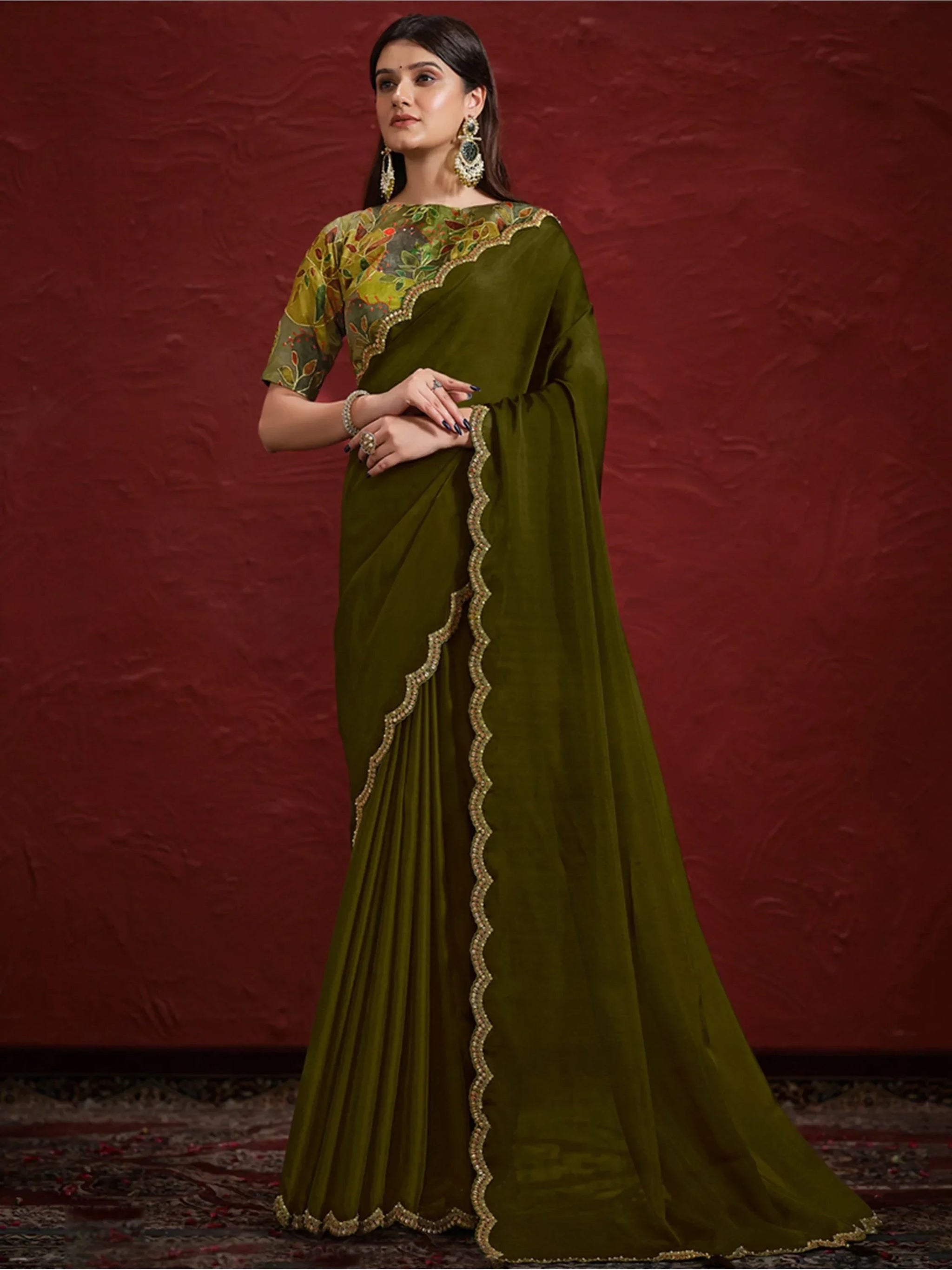 Wonderful Green Lace Work Georgette Mehendi Wear Saree With Blouse