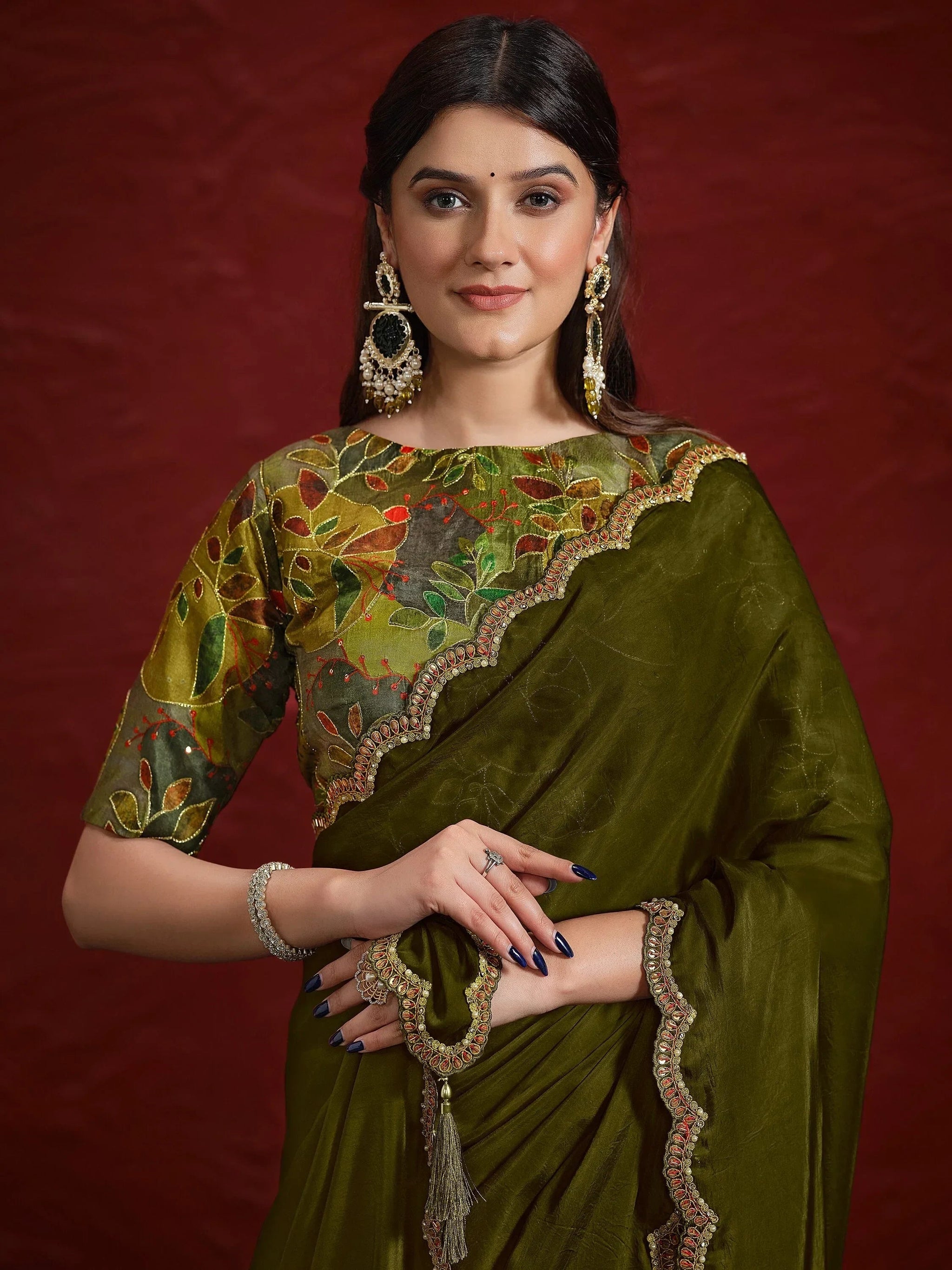 Wonderful Green Lace Work Georgette Mehendi Wear Saree With Blouse