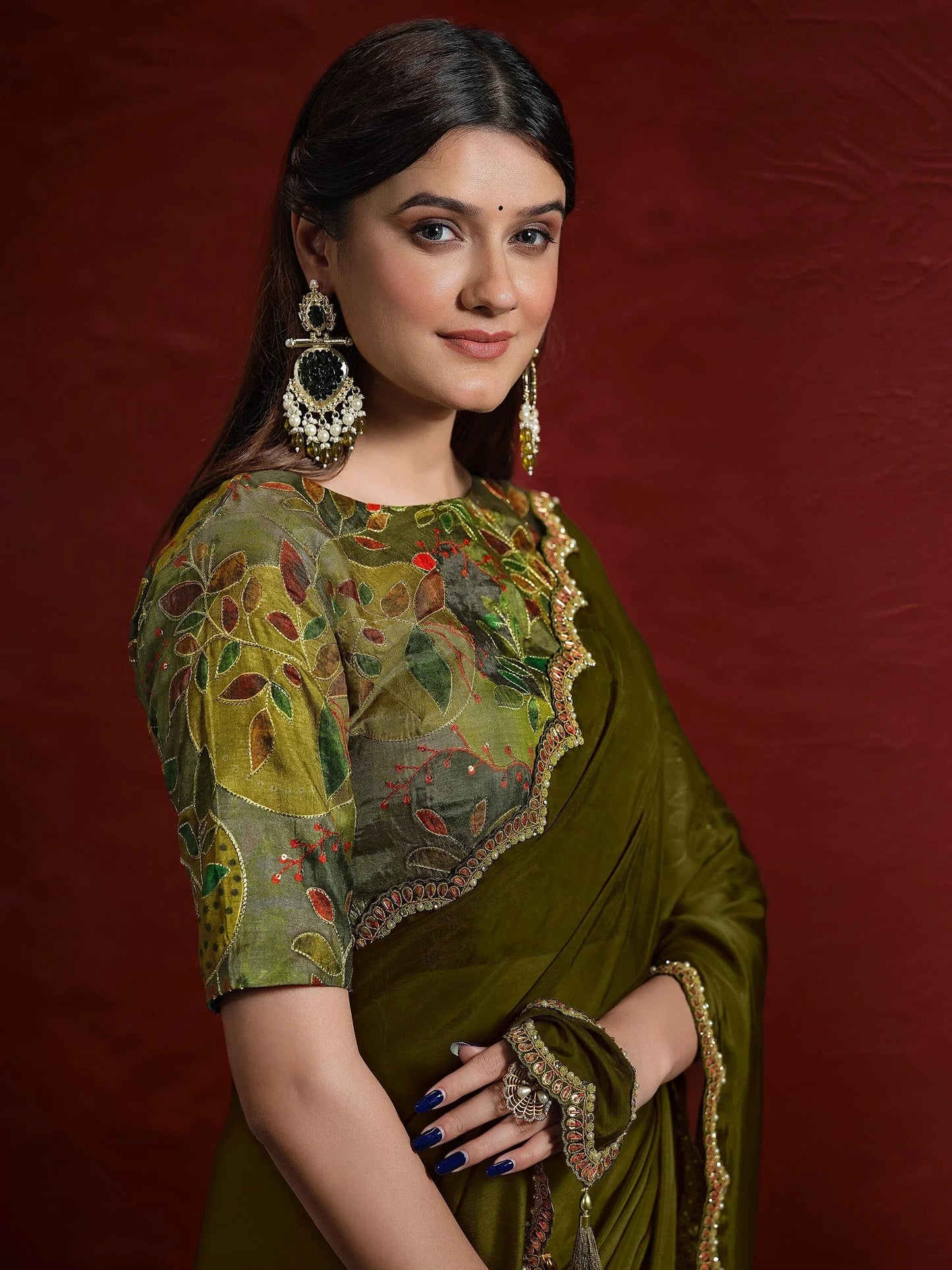 Wonderful Green Lace Work Georgette Mehendi Wear Saree With Blouse