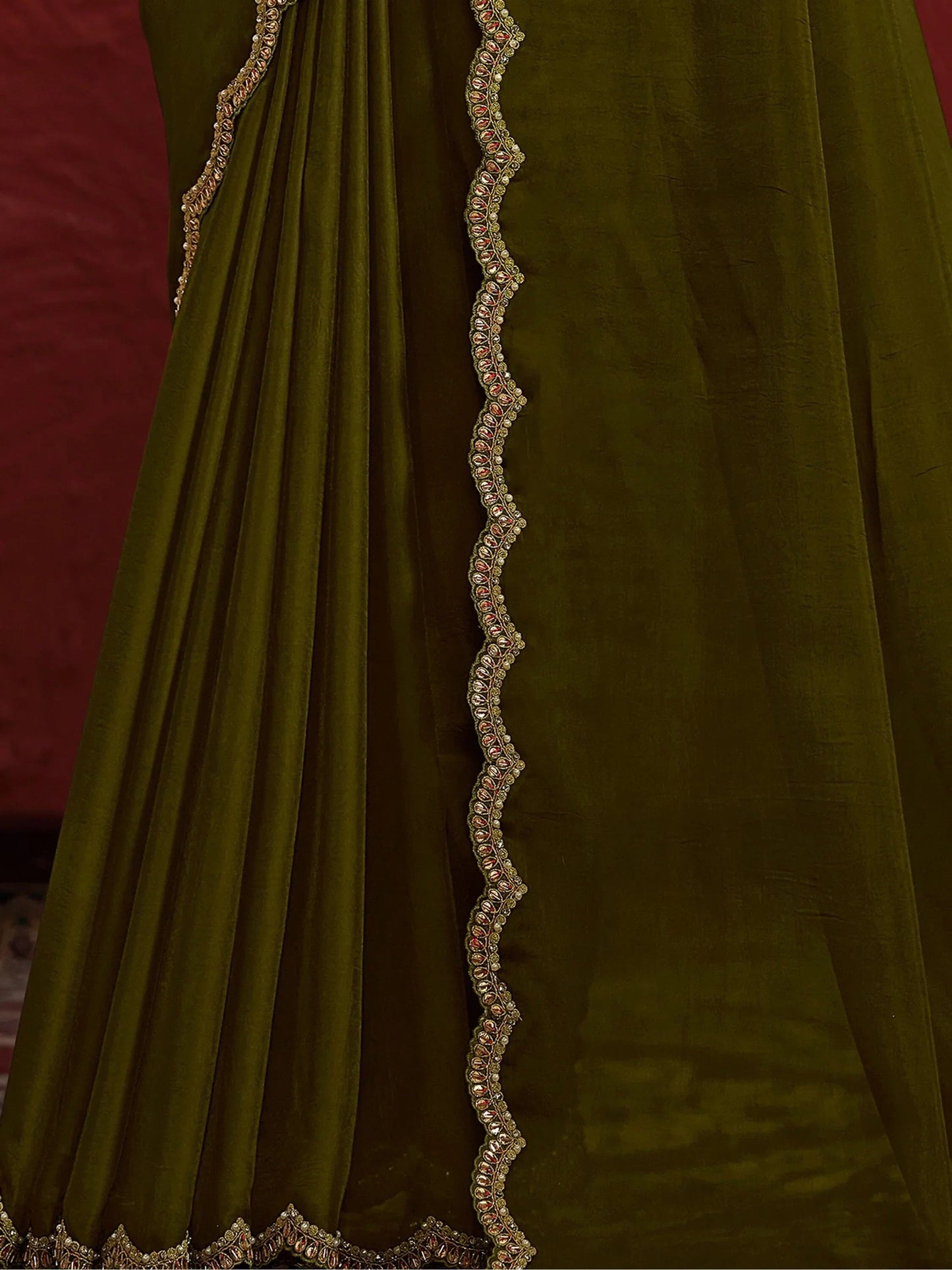 Wonderful Green Lace Work Georgette Mehendi Wear Saree With Blouse