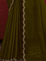 Wonderful Green Lace Work Georgette Mehendi Wear Saree With Blouse