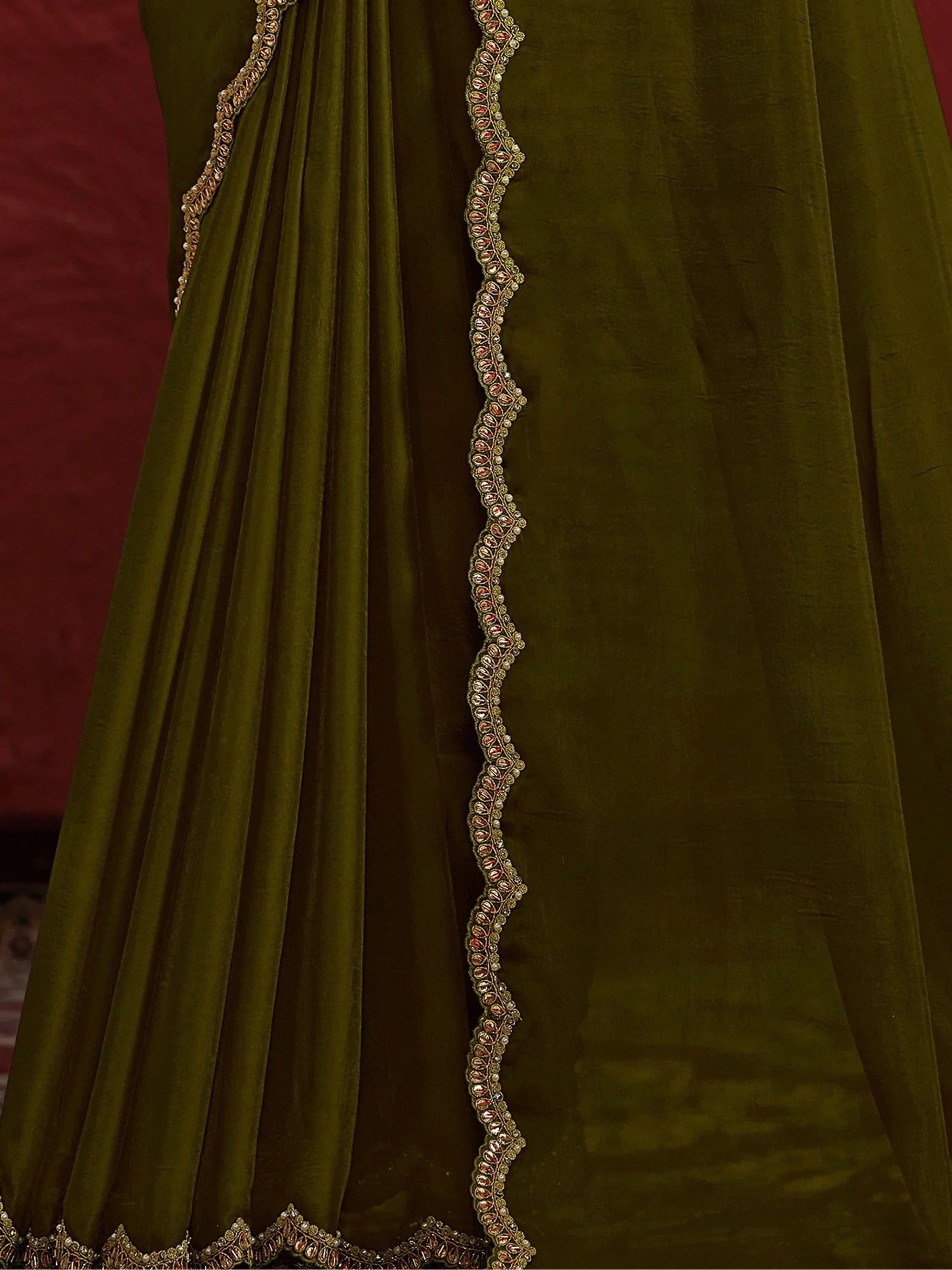 Wonderful Green Lace Work Georgette Mehendi Wear Saree With Blouse