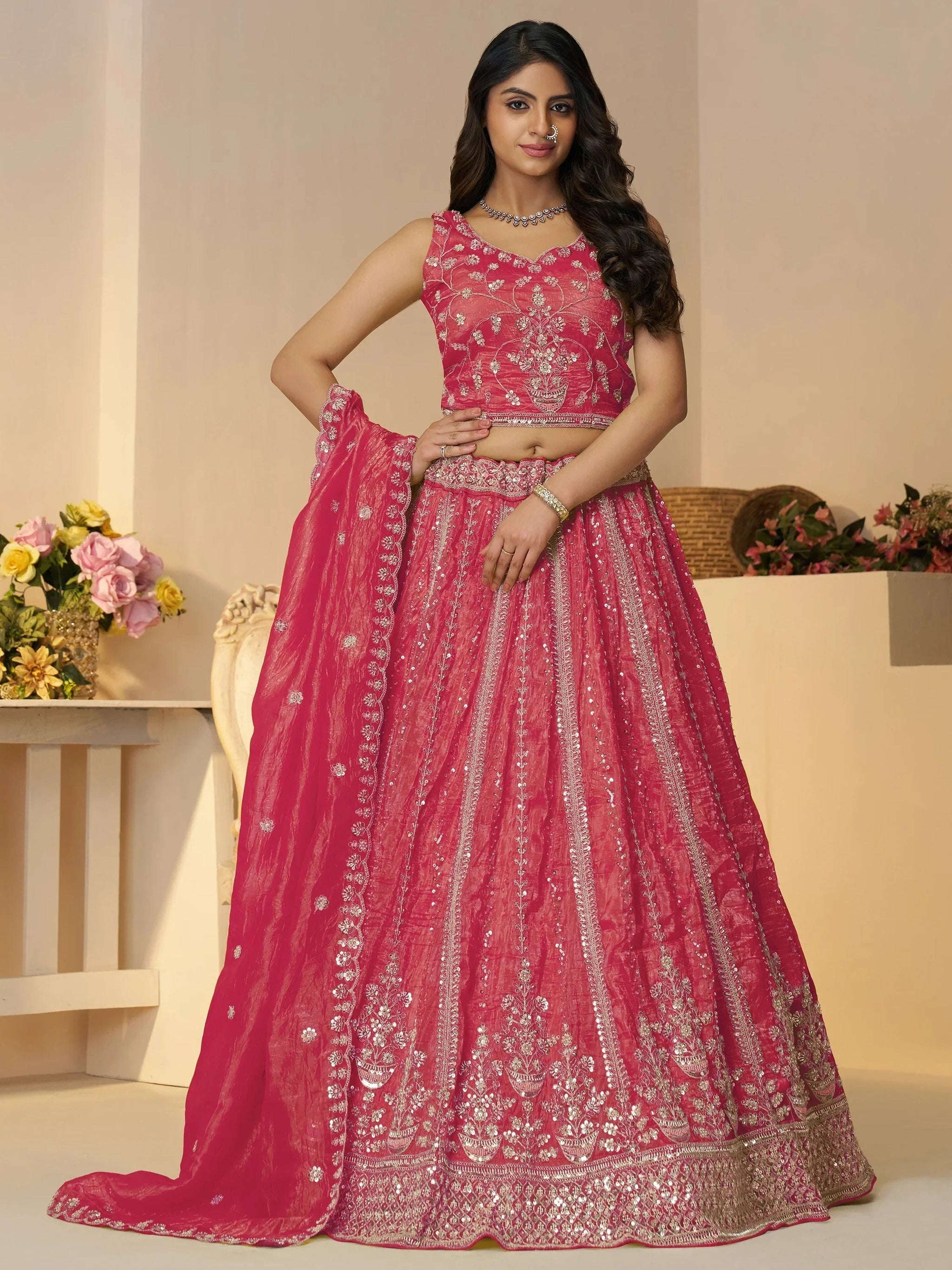 Wonderful Pink Sequins Silk Reception Wear Lehenga Choli With Dupatta