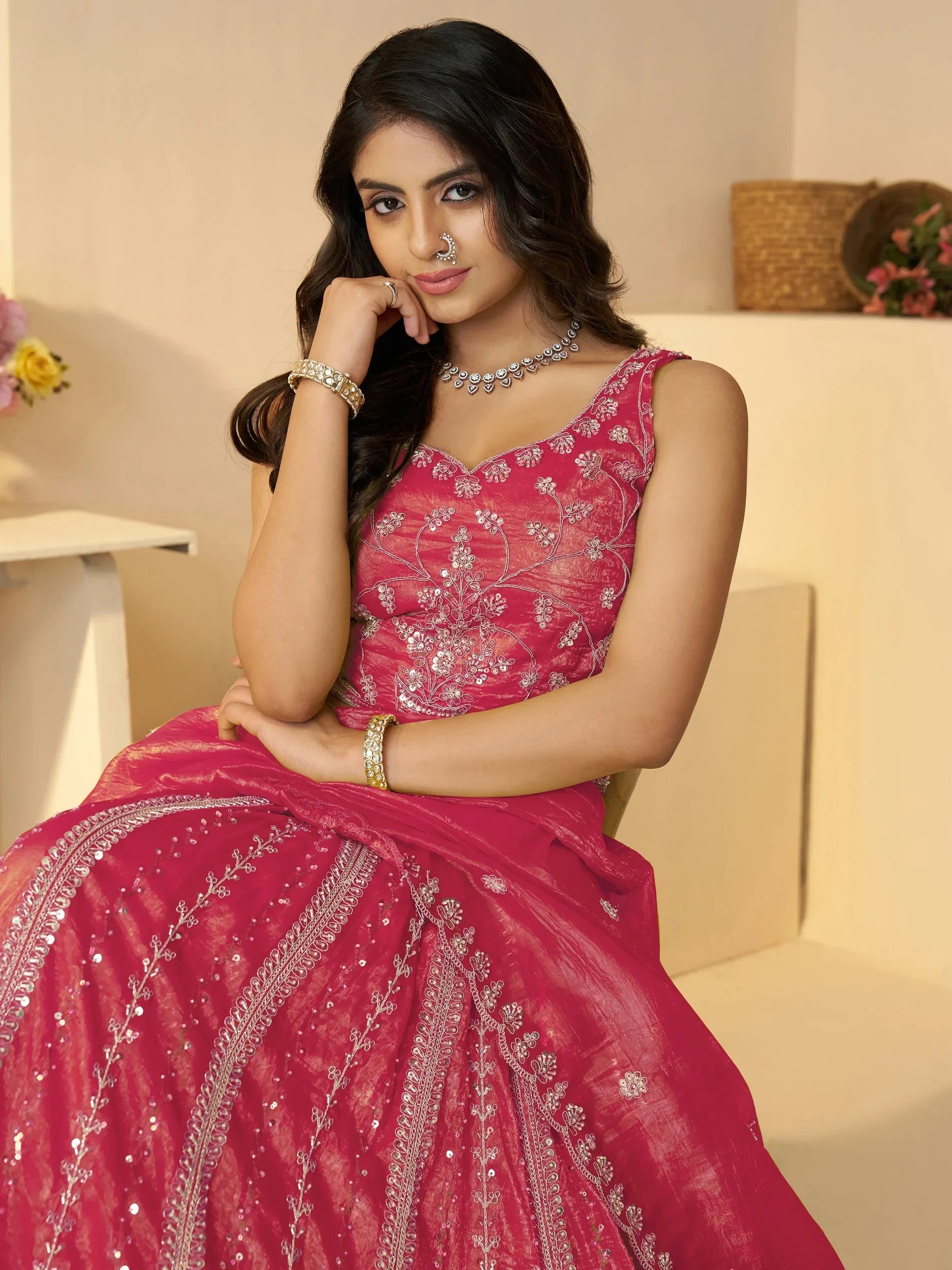 Wonderful Pink Sequins Silk Reception Wear Lehenga Choli With Dupatta
