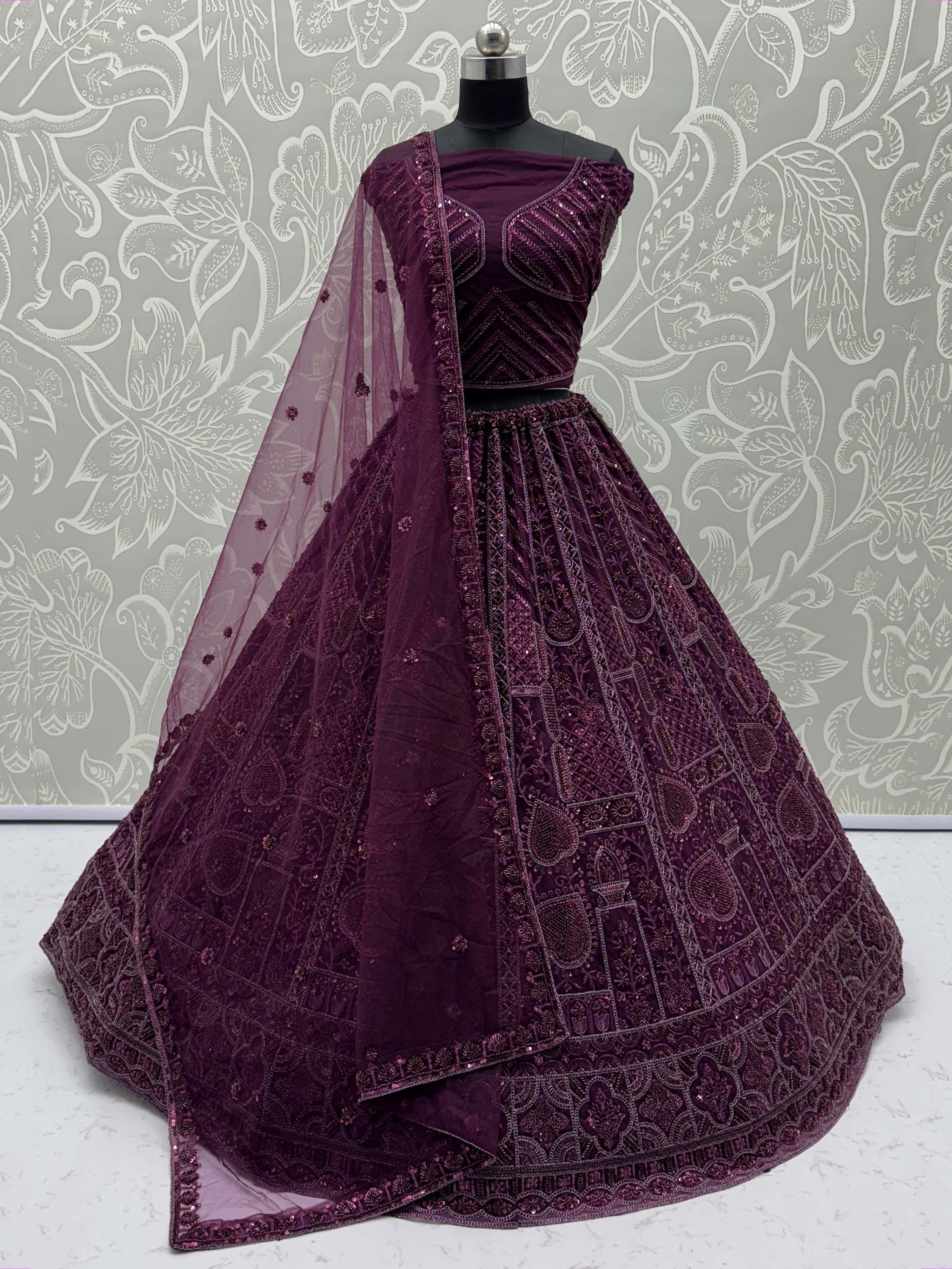 Wonderful Purple Dori Embroidery Net Monochrome Lehenga Choli With Dupatta