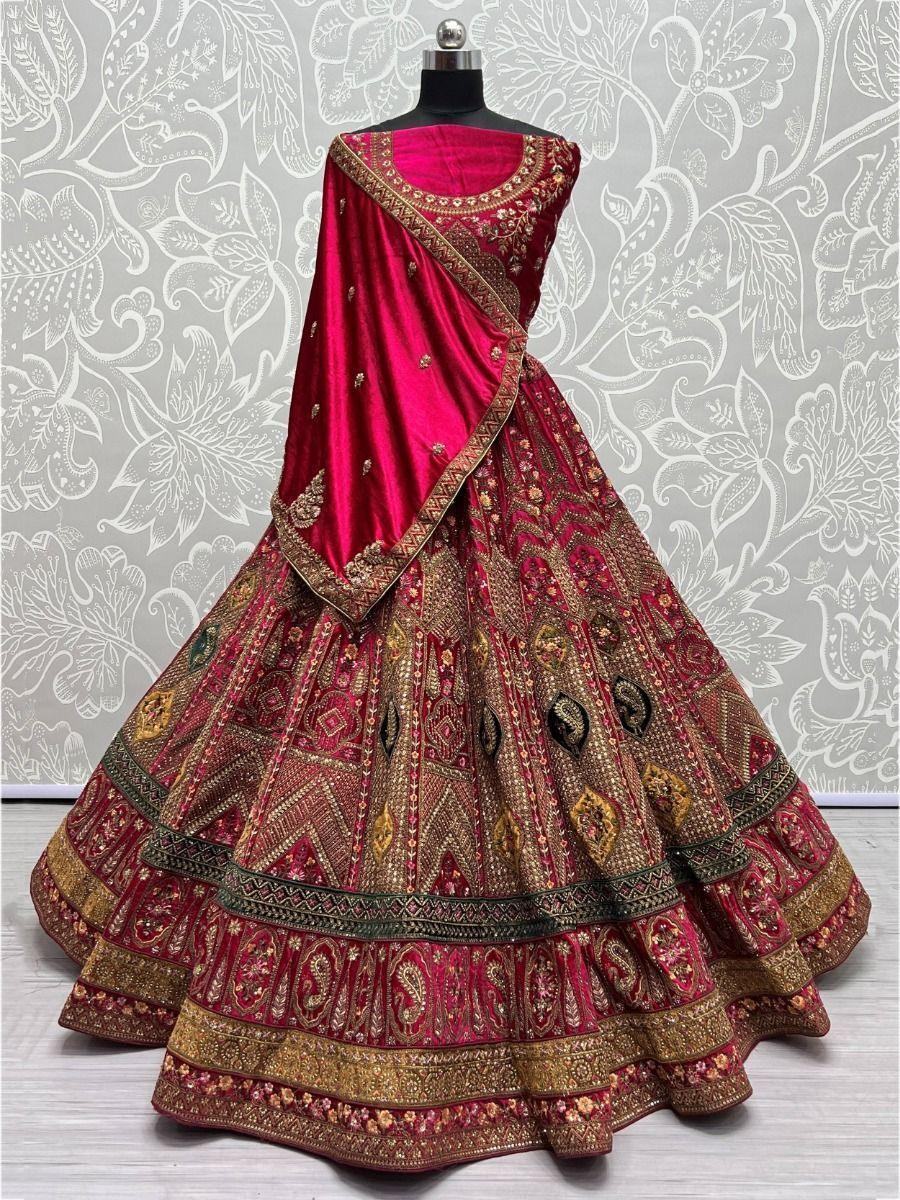 Wonderful Rani Pink Embroidered Velvet Bridal Wear Lehenga Choli