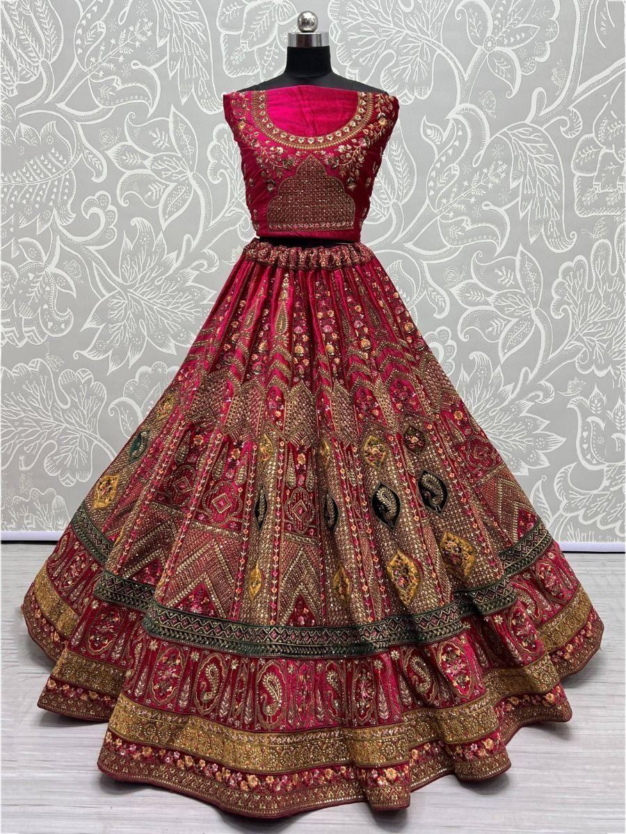 Wonderful Rani Pink Embroidered Velvet Bridal Wear Lehenga Choli