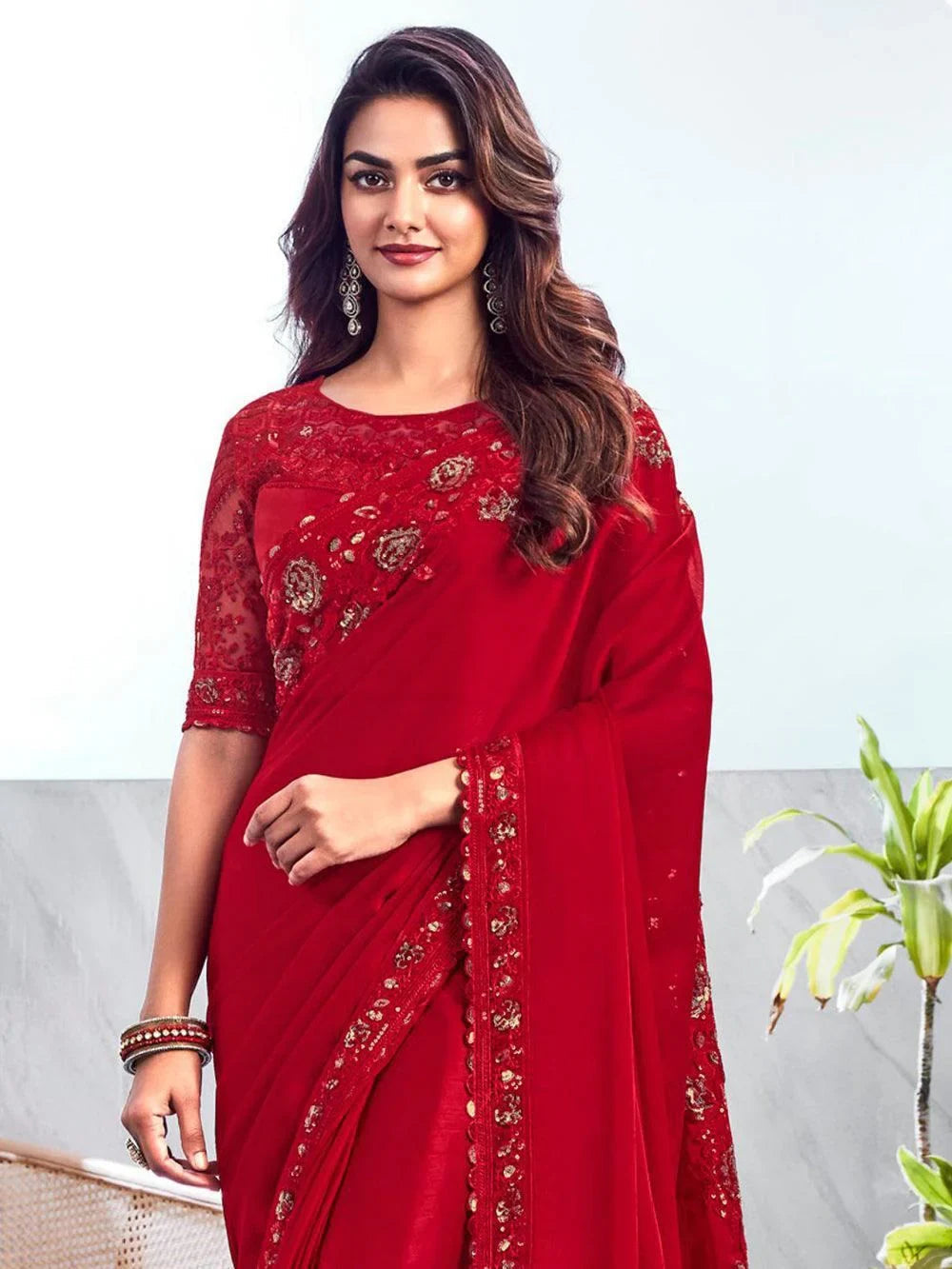 Wonderful Red Sequins Chiffon Wedding Wear Saree With Blouse
