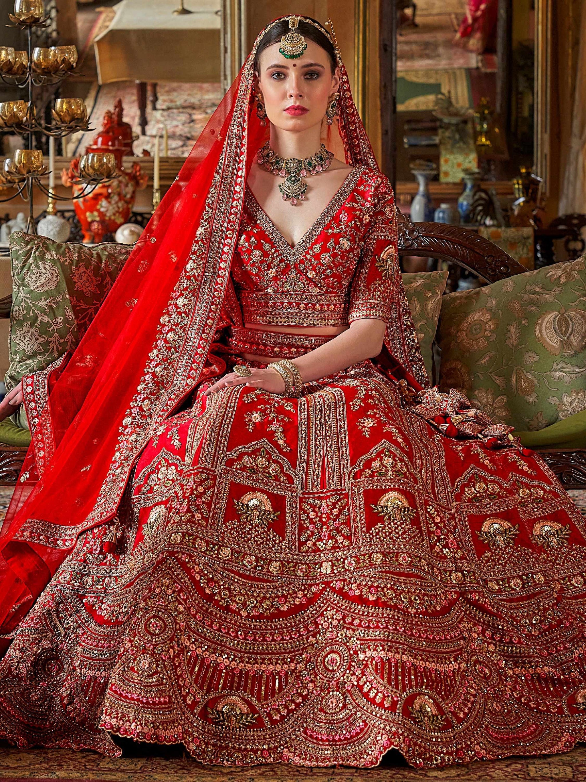 Wonderful Red Sequins Silk Bridal Lehenga Choli With Double Dupatta