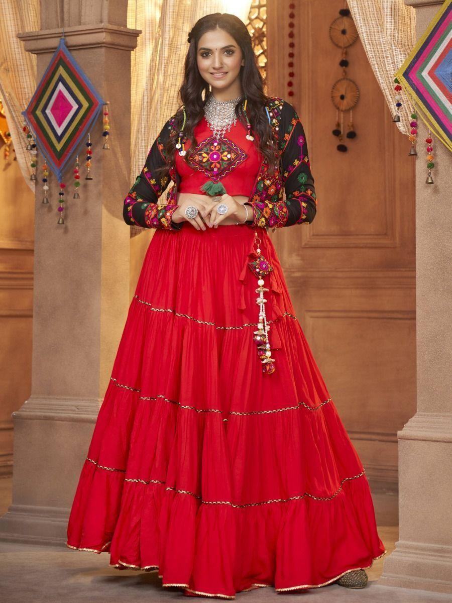 Wonderful Red Thread Embroidered Rayon Lehenga Choli With Koti