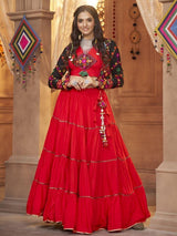 Wonderful Red Thread Embroidered Rayon Lehenga Choli With Koti