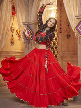 Wonderful Red Thread Embroidered Rayon Lehenga Choli With Koti