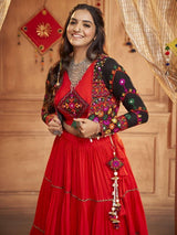 Wonderful Red Thread Embroidered Rayon Lehenga Choli With Koti