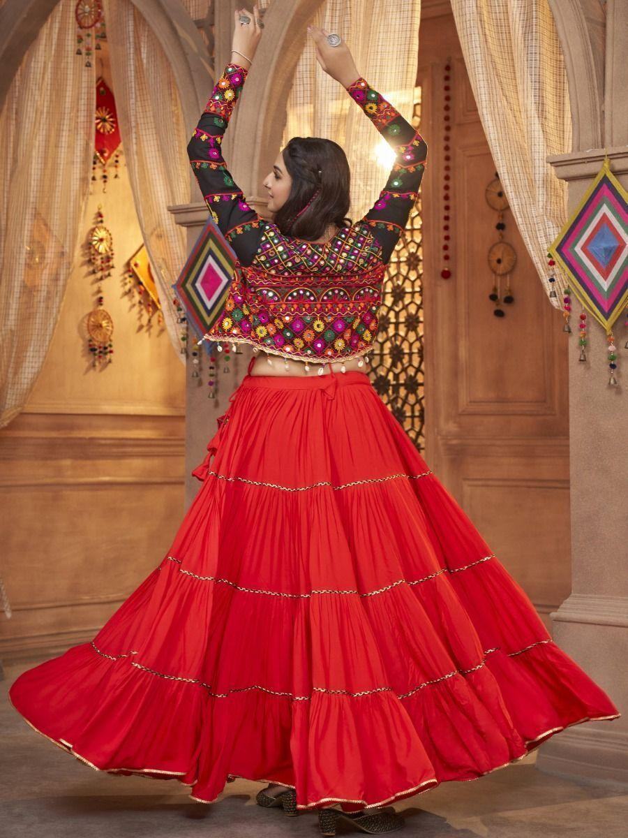 Wonderful Red Thread Embroidered Rayon Lehenga Choli With Koti