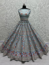 Wonderful Sky-Blue Sequins Net Bridesmaid Lehenga Choli With Dupatta