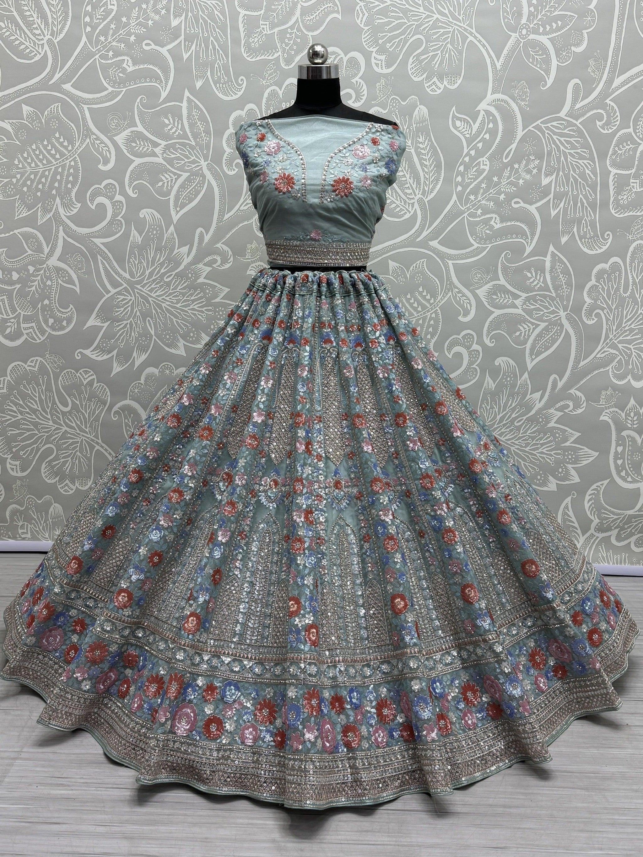 Wonderful Sky-Blue Sequins Net Bridesmaid Lehenga Choli With Dupatta