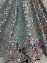 Wonderful Sky-Blue Sequins Net Bridesmaid Lehenga Choli With Dupatta