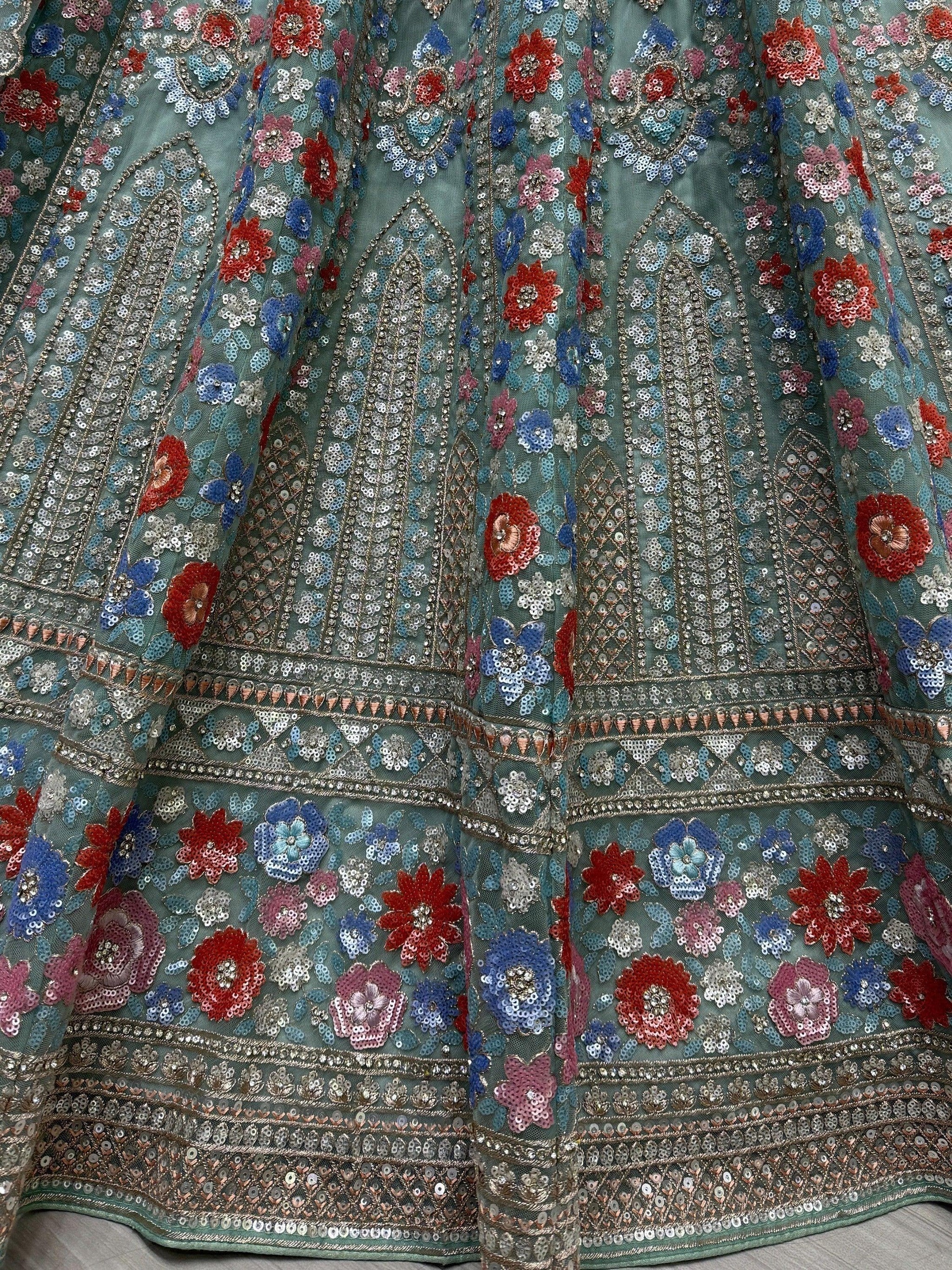 Wonderful Sky-Blue Sequins Net Bridesmaid Lehenga Choli With Dupatta