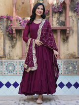 Wonderful Wine Color Georgette Function Wear Gown With Dupatta