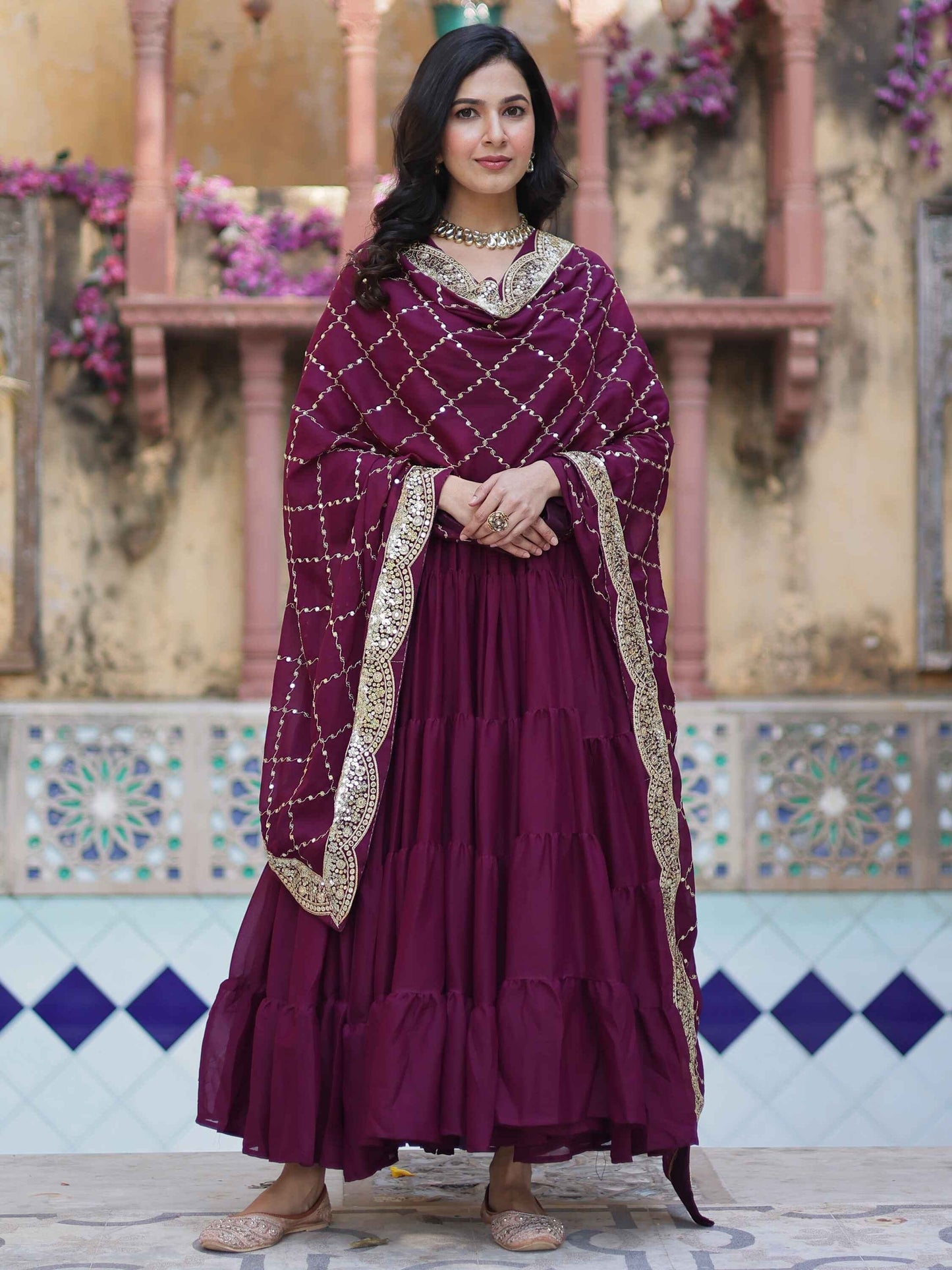 Wonderful Wine Color Georgette Function Wear Gown With Dupatta