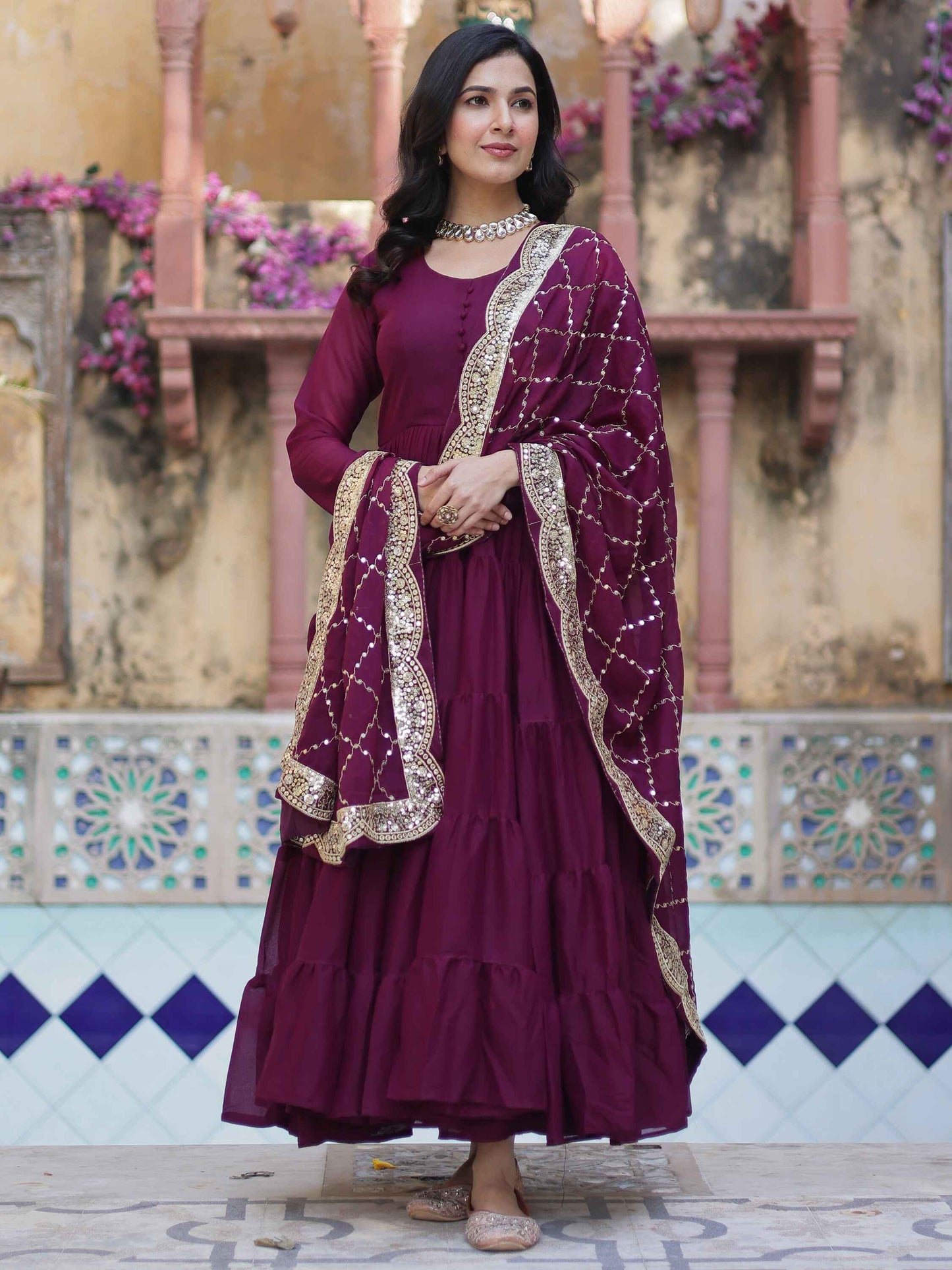 Wonderful Wine Color Georgette Function Wear Gown With Dupatta